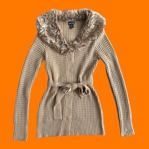 00's vintage faux fur collar y2k cardigan duster sweater XL wet seal *RUNS SMALL